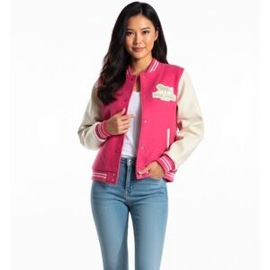 Pink and White Varsity Jacket with Embroidered Chest Lion🔥🔥🔥🔥